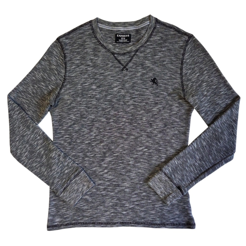 Express‎ Mens Waffle Knit Thermal Shirt Size M Heather Gray Y2K Preppy Raglan